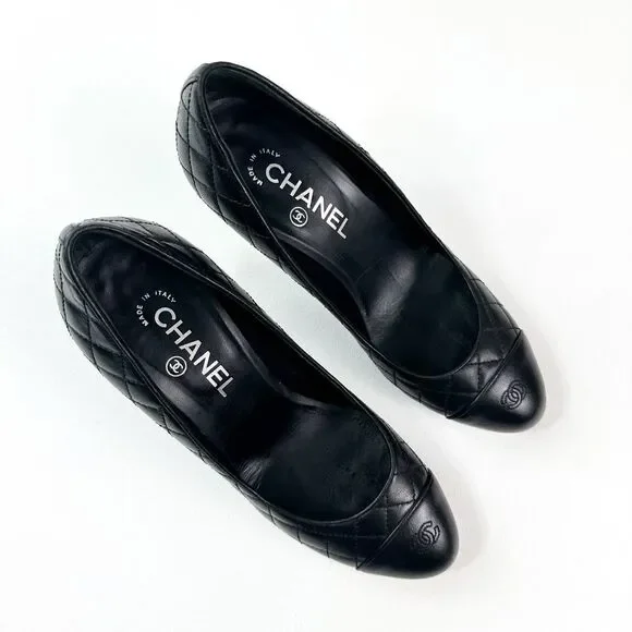 CHANEL Quilted Platform Black Pumps Size 38.5 US 8 CC Logo Heel Cap Toe - Picture 4 of 12